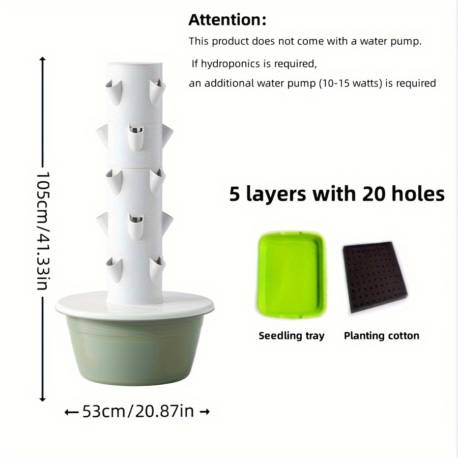 1pc Three-dimensional Hydroponic Tower, Multi-layer Vegetable Planting Flower Pot, ABS Plastic Strawberry Pot, Balcony Vegetable Pot, Indoor/Outdoor Soilless Cultivation System, Plant + Seedling Tray Not Including 10-15W Water Pump