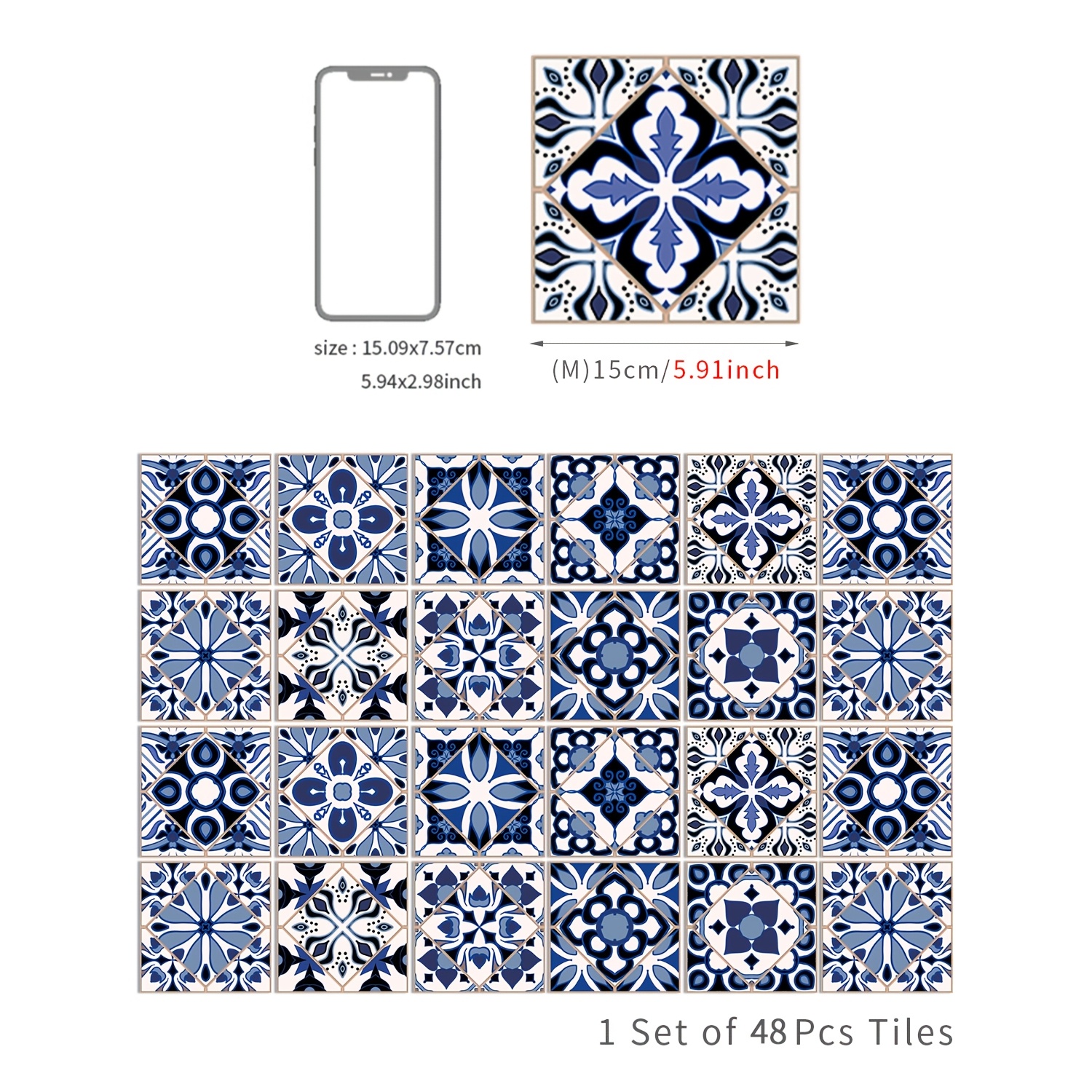 Image of 48pcs Blue Vintage Floral Self-adhesive Tile Stickers - Waterproof & Oil-proof, Square Vinyl Wall Decals For Kitchen Decor