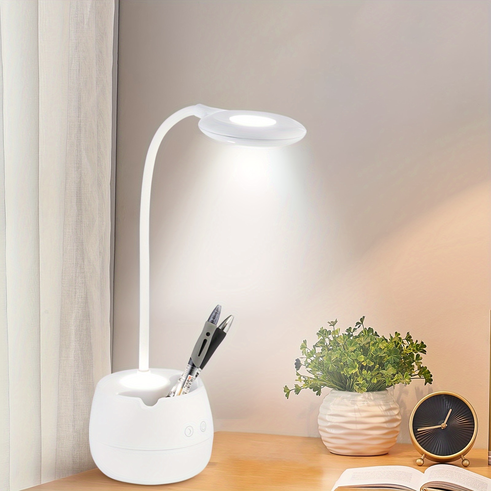 TEMU Led Desk Lamp With Pen Holder, Flexible Gooseneck Adjustable Brightness Level Reading Light, 1200mah Rechargeable Eye- With Usb Port Touch