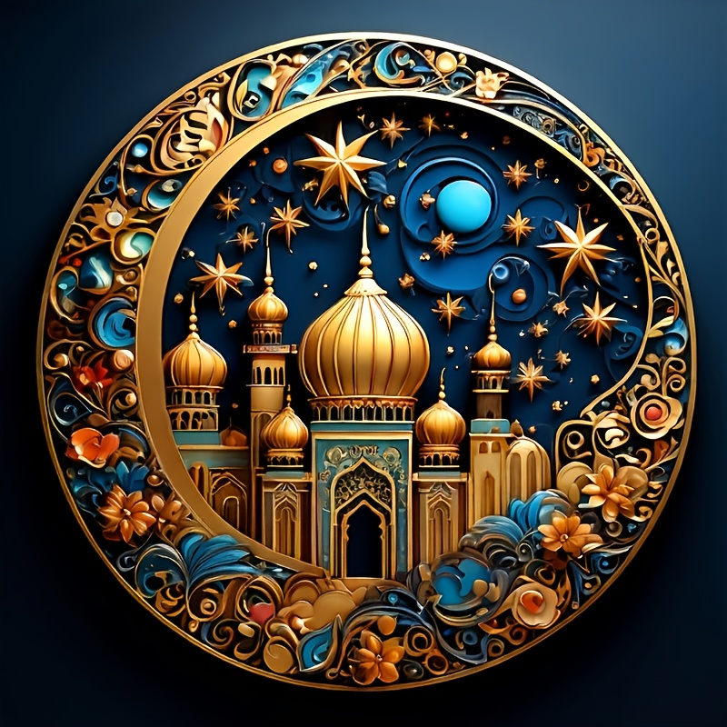 

[1pc 5d Diy Diamond Painting Kit] Festive Theme 5d Diy Diamond Painting Kit, 30x30cm, Round Diamond Art With Crescent And Stars, Canvas Material, Decor Craft, With Wall Art For Ramadan Celebration