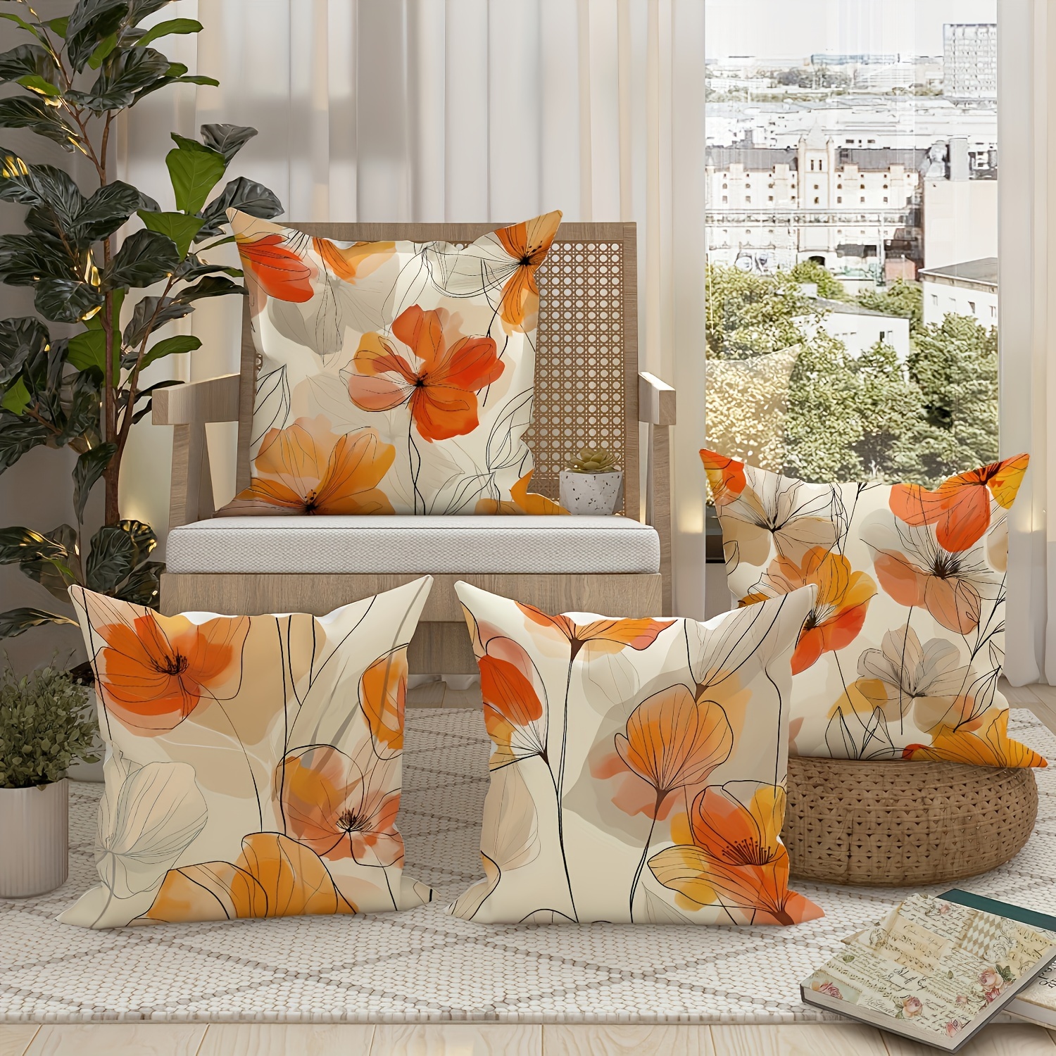 

Set Of 4 Contemporary Throw Pillow Covers, Floral Geometric Pattern In Beige And Orange, Soft Durable Polyester With Zipper Closure, Machine Washable, Ideal For Living Room, Sofa, And Bed Decor