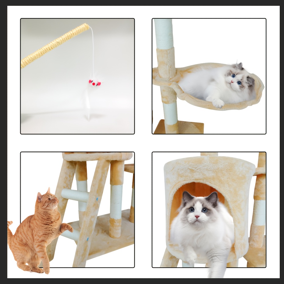 Turn pentru pisici de 140 cm înălțime, cu mai multe niveluri, stâlpi de zgâriat din sisal, cadru mare de cățărat, scară, hamac și casă - Mobilier robust pentru interior, pentru pisoi și pisici, turn alb/maro pentru cățărat, odihnă și joacă