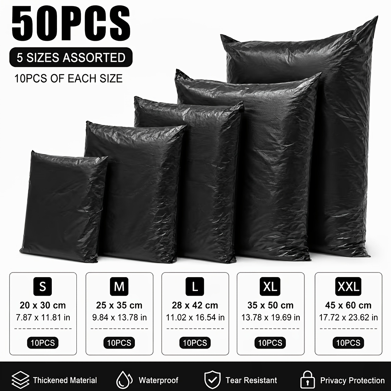 TEMU 50pcs Mixed Black Courier Bags, Mailing Bags, Envelope Storage Bags, Self-adhesive Plastic Packaging Bags. 5 Sizes, 10pcs Each. Suitable For
