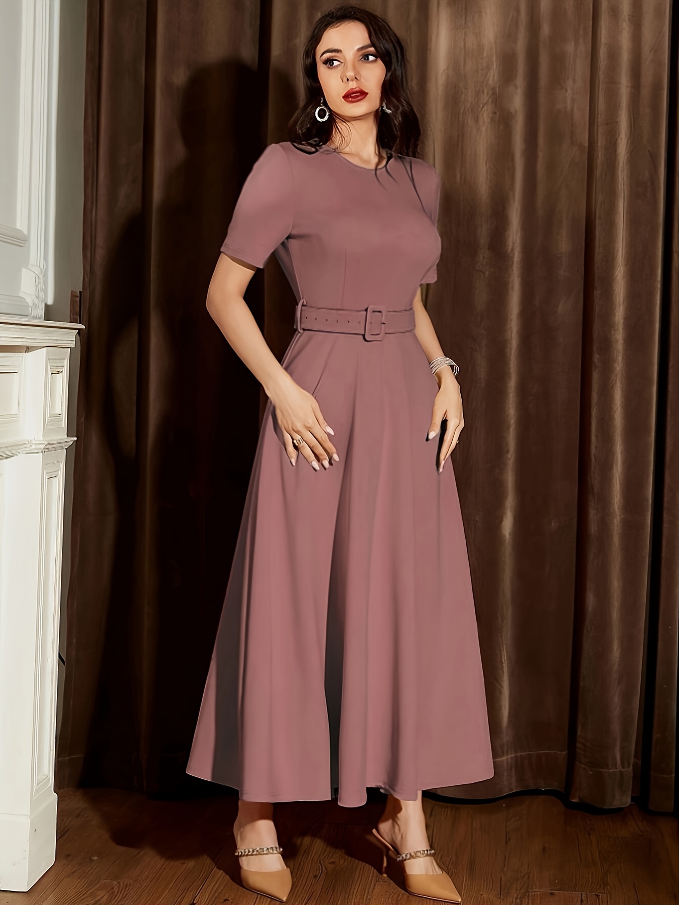 Women's Middle Eastern-Inspired Belted Waist Pencil Dress Solid Color  Round Neck Knee-Length, Machine Washable Dry Versatile