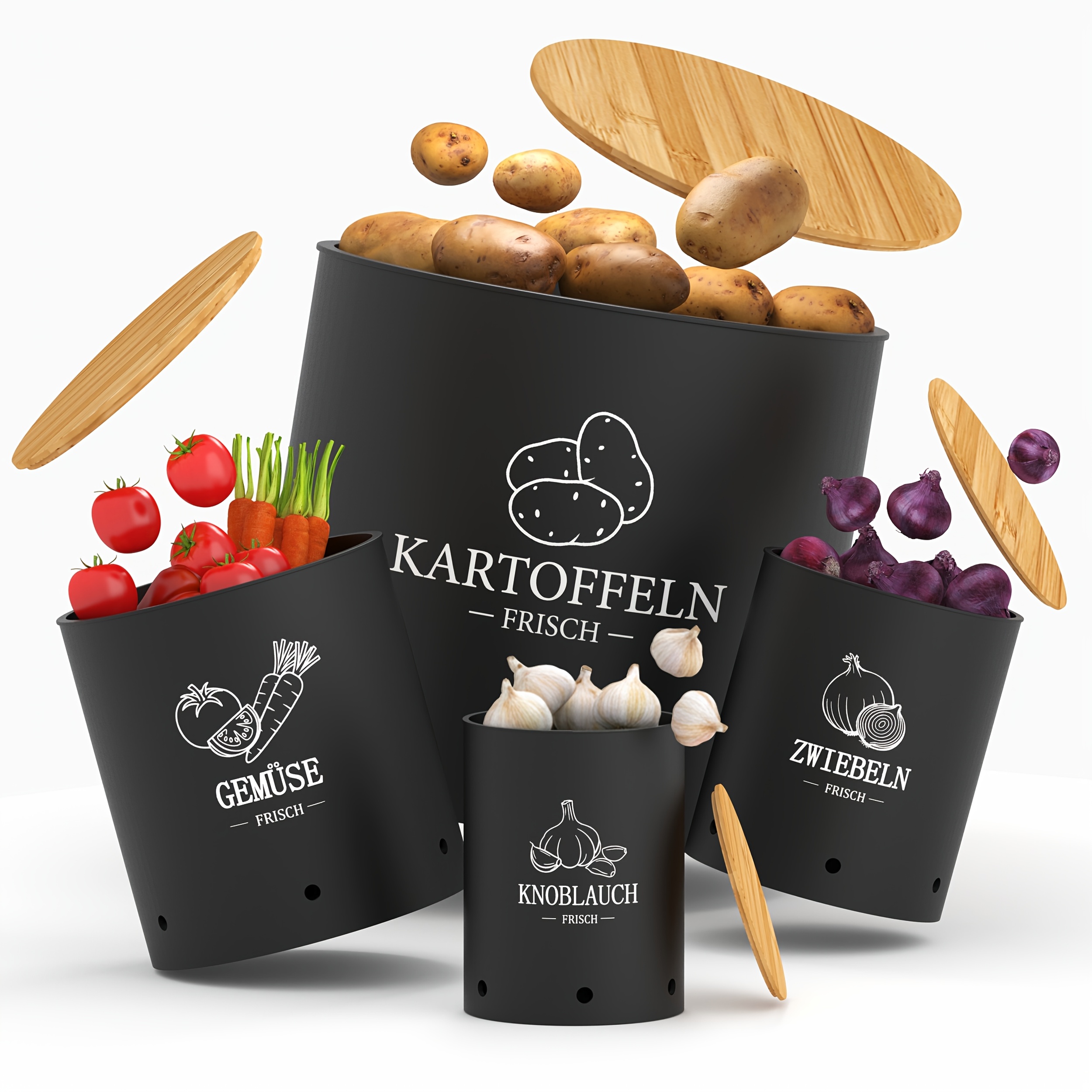 Image of A Set Of 4 Matte Black Golden Storage Canisters - Features Containers, Reusable Round Design, Space- Kitchen Organizers, Suitable For Fresh Potatoes, Onions, Garlic - Hand Washable, Food Contact Safe
