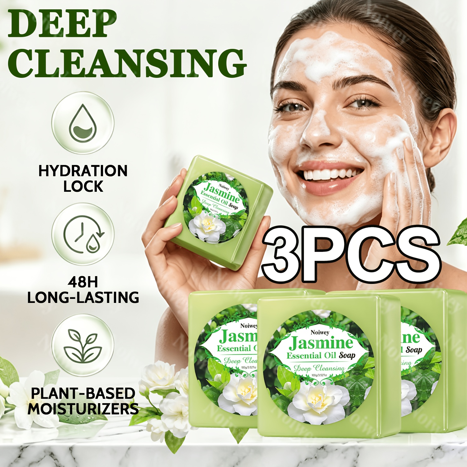 3pcs Jasmine Essential Oil Soaps for Moisturizing Cleansing