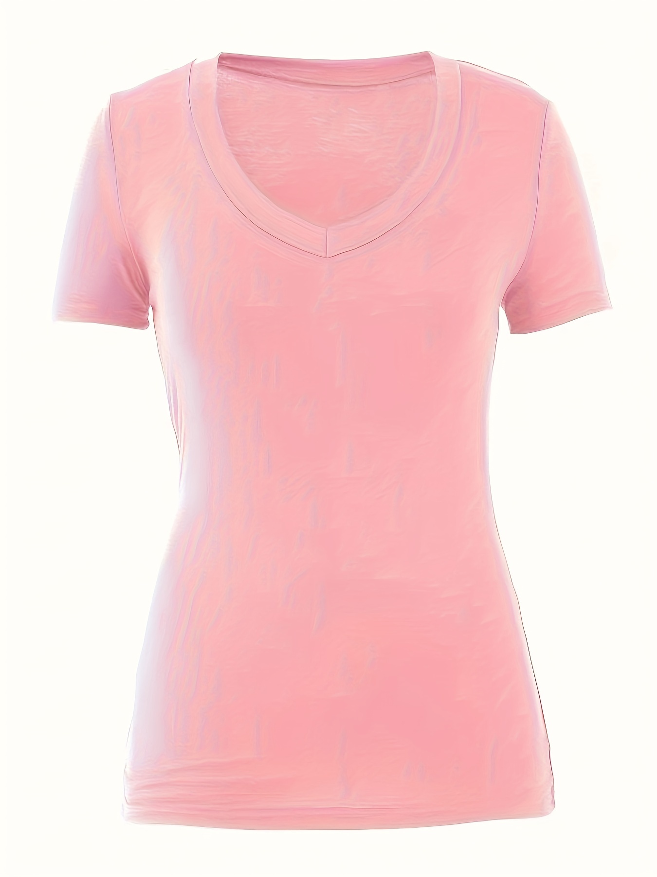 Plus Size Casual V-Neck T-Shirt for Women - Polyester Blend with 95% Polyester & 5% Spandex, Medium Stretch Knit Fabric, Solid Color, Suitable for Spring/Summer/Fall