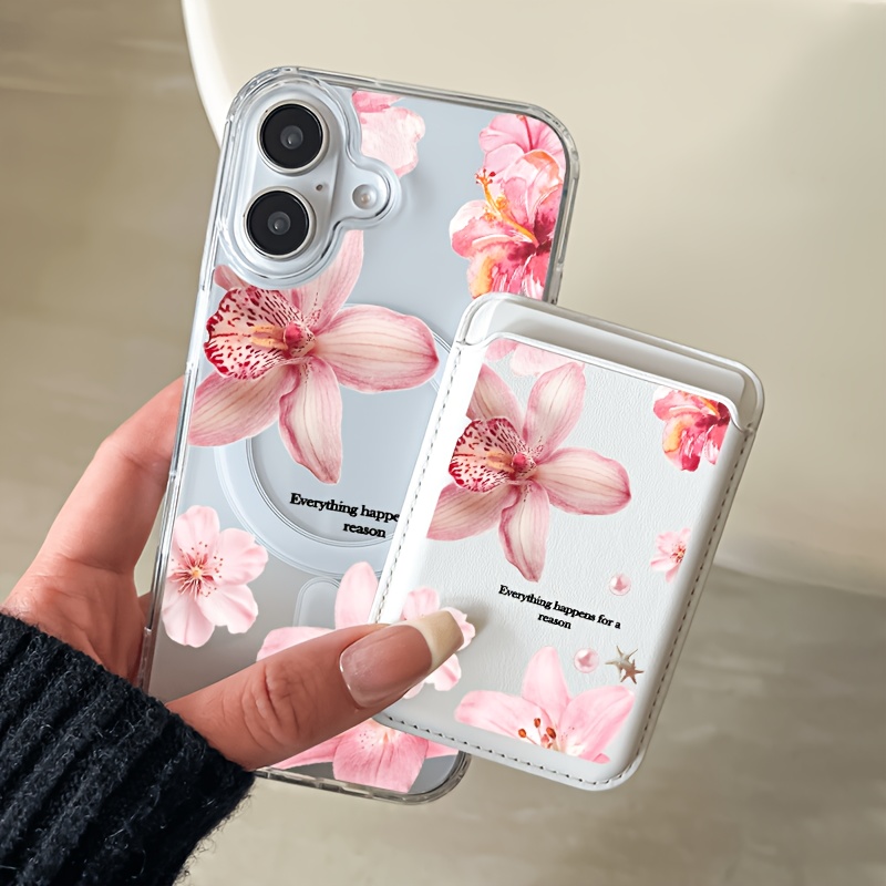 TEMU Phone Case - 2-in-1 Magnetic Phone Case And Detachable Magnetic Wallet Pink Flowers Pattern Suitable For Iphone 17 16 15 14 13 12 11 Pro 8 Pus