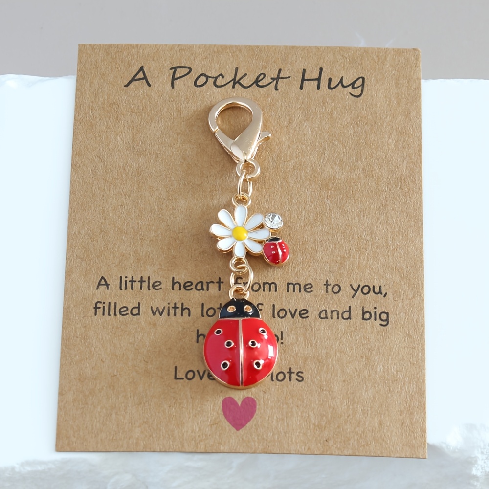 TEMU 1/2pcs Ladies' Ladybug And Flower Rhinestone Keychain Bag Charm, Small Daisy Flower Accessory, Backpack And School Bag Pendant, For , Card