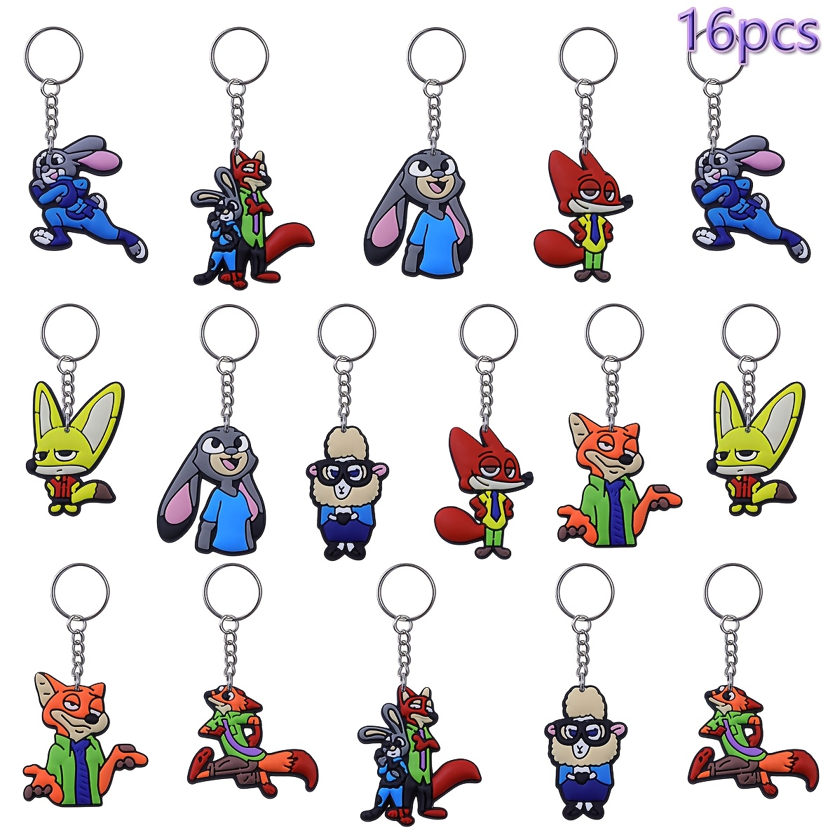 E-shop Autorisiertes DISNEY 16-teiliges Zootopia Schlüsselanhänger- und Schlüsselring-Set, Geschenke für Thanksgiving, Neujahr, Valentinstag und