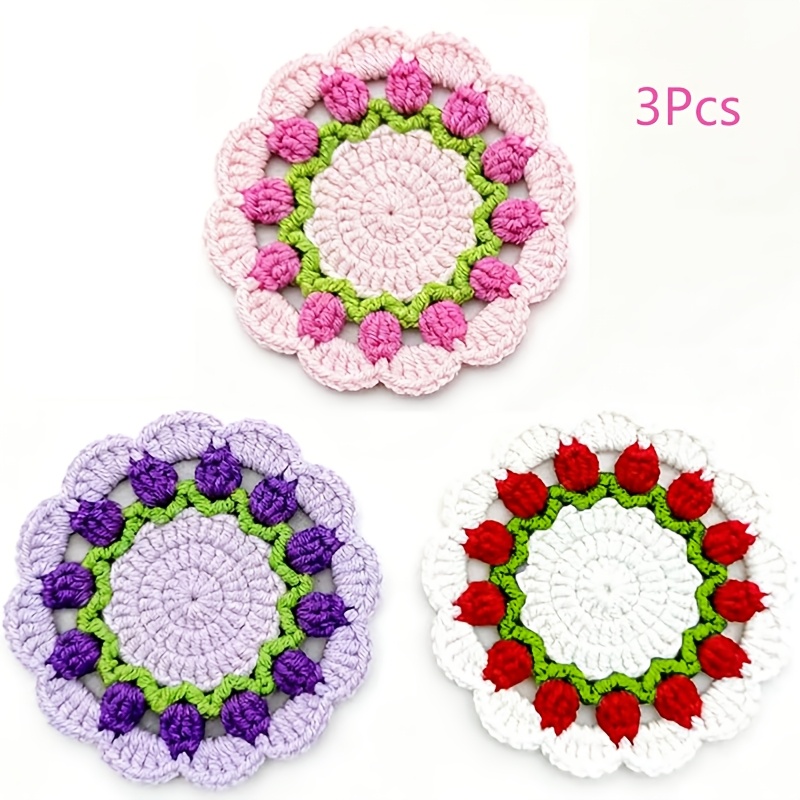TEMU 3pcs Handmade Crochet Coasters With Realistic Roses - Fabric Drink Coasters Suitable For Coffee Table, Office & Home Decor - Handmade Flower