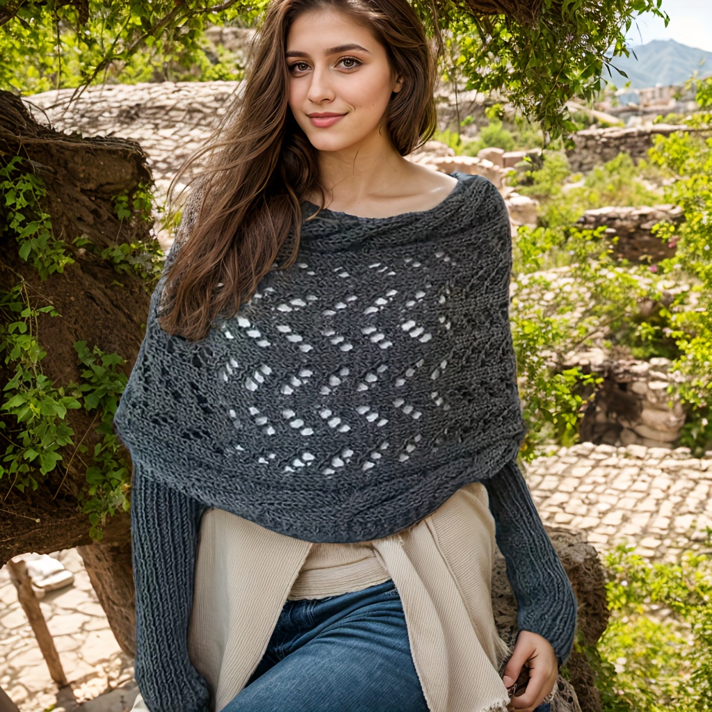 

Elegant Women's Knit Shawl With Hollow-out Design - Chic Shoulder Cape For Fall & Winter, Breathable & Warm Sweater Scarf In Multiple Colors