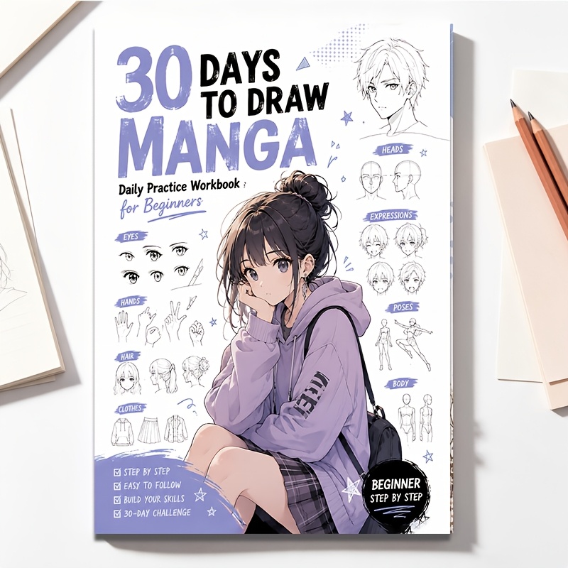 TEMU 30-day Manga Daily Practice Drawing Handbook: Beginner Manga Sketch Tutorial Book, Teaching On Anime Faces, Hands, Bodies, Dynamic Poses, And