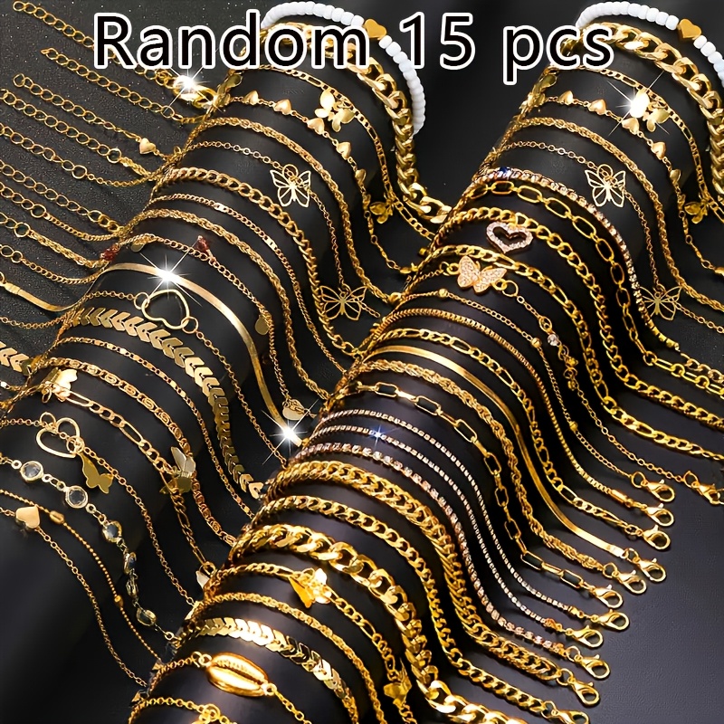 TEMU Random 15pcs Set Elegant Exquisite Holiday Heart Anklet Snake Bone Chain Metal Hollow Heart Anklet Multi-piece Set Summer Holiday Daily Outing