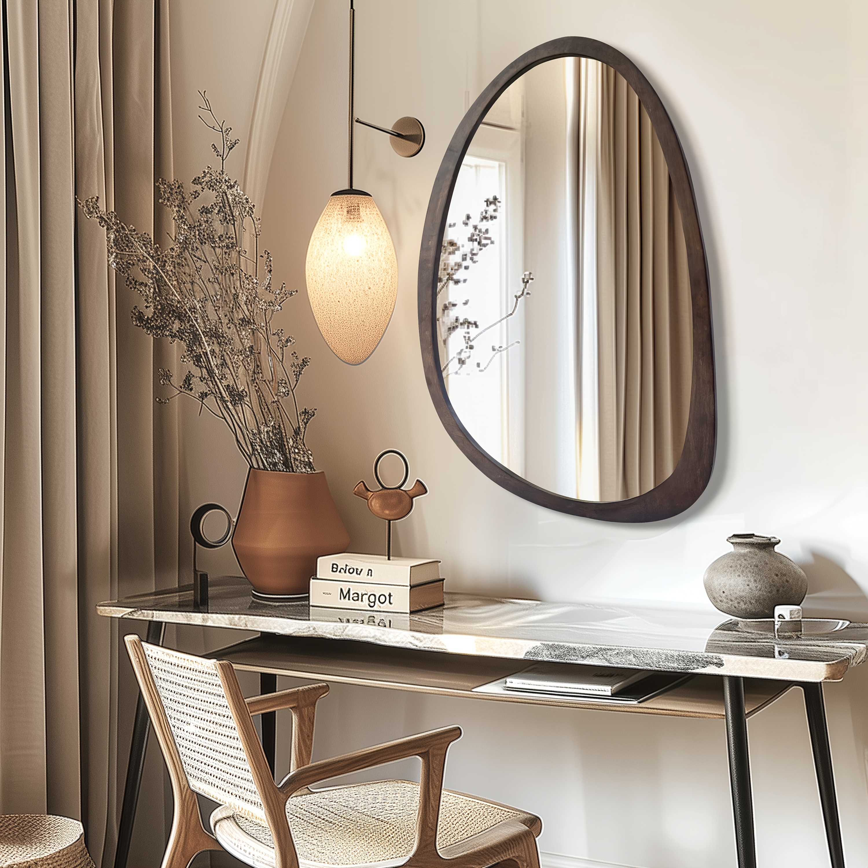 Vintage Asymmetrical Wall Mirror 70×50cm - Irregular Solid Wood Frame, Classic Wall-Mounted HD Makeup Mirror Home Decoration, Vertical/Horizontal, Ideal for Bedroom, Living Room, Entryway Decor, Wall Decor, Formaldehyde-free