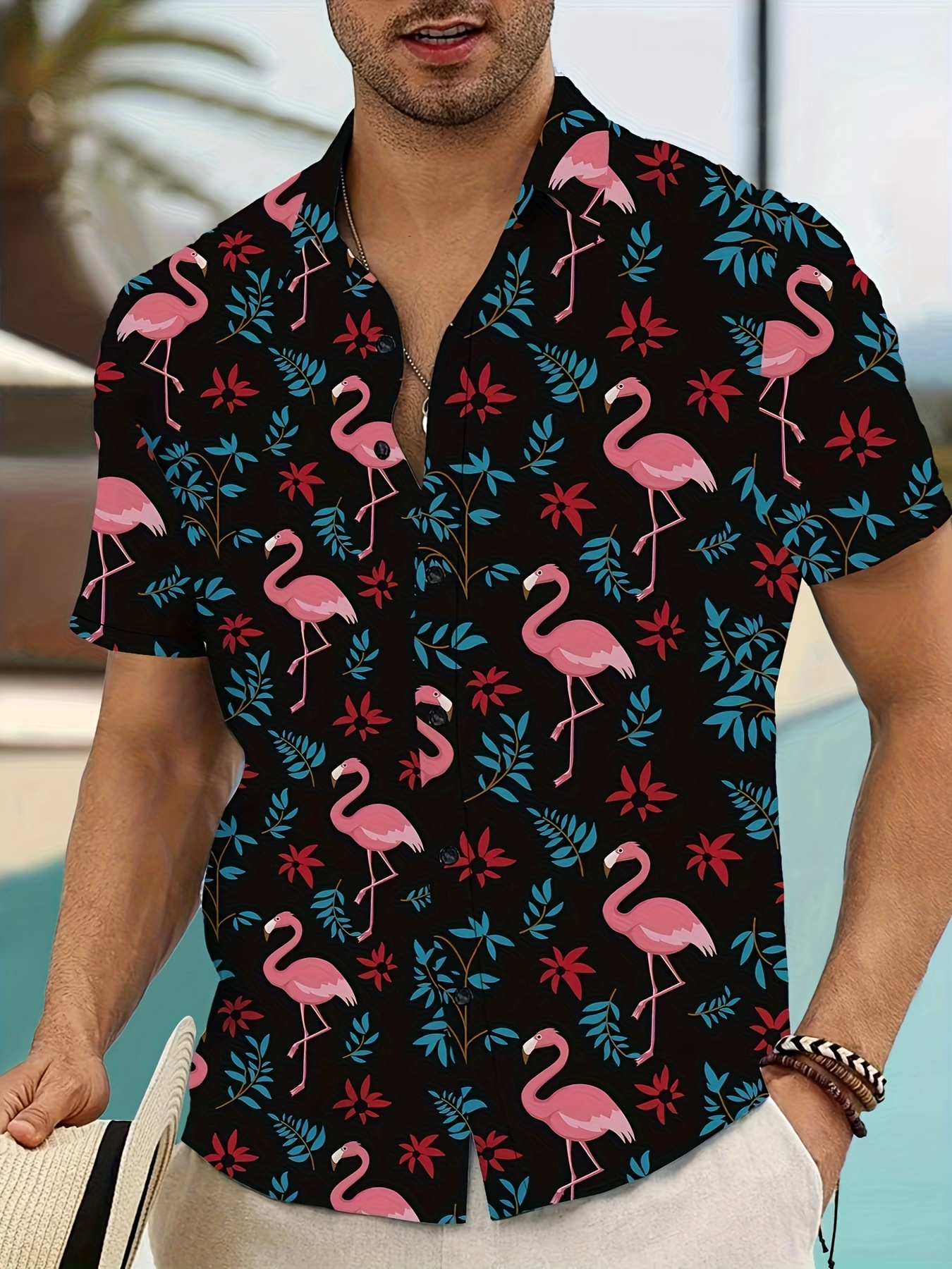 camisa manga corta estampado hawaiano flamenco hombre ropa - Temu Uruguay, image size:800x1067