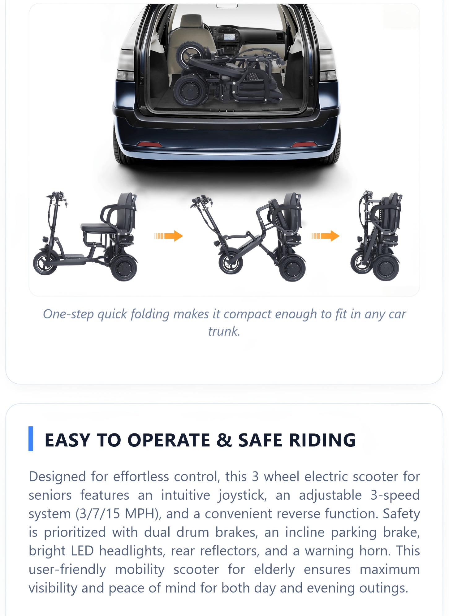 3 wheel electric scooter for seniors, 500w dual motor lightweight folding mobility trike, 300 lbs capacity, airline approved removable battery for travel Product details 1