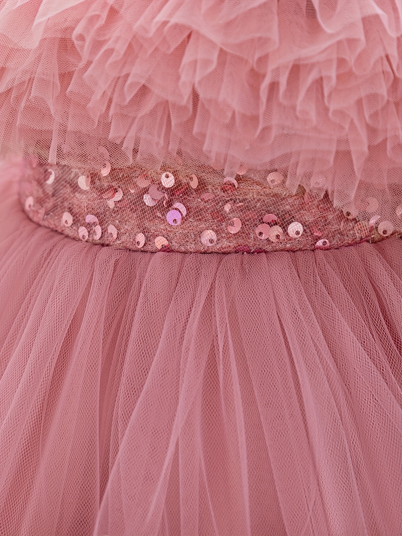 measuring front skirt girls pink sequin dress with multi layered ruffles and flower fairy Product details 4