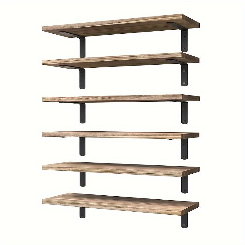 Image of 6pcs Wooden Floating Shelf Set, Wall Decor Shelves, Bedroom Farmhouse Shelves, Bathroom Storage Shelves, Living Room Bookshelves, Rustic Style Wall-mounted Shelves In