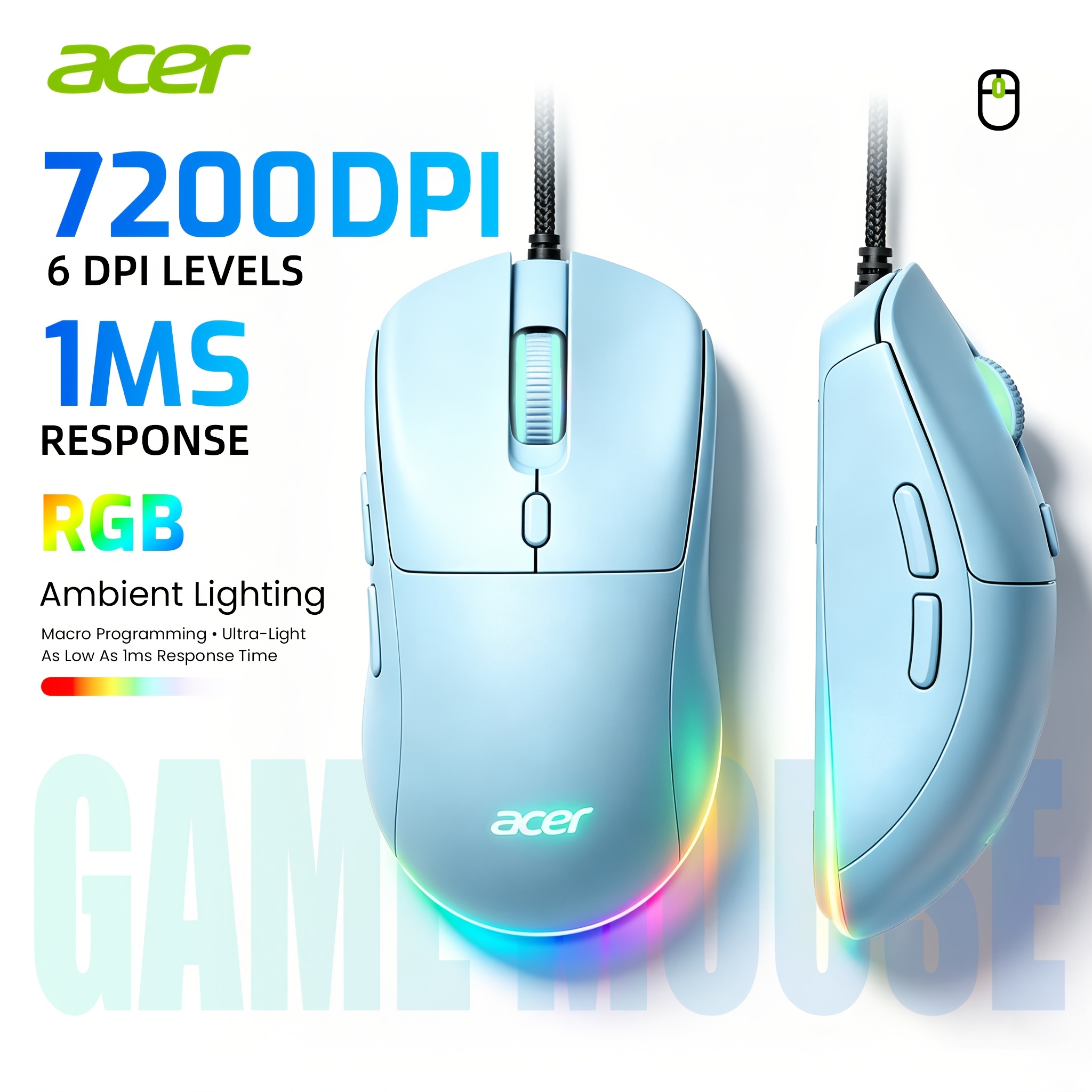 TEMU Souris de Gaming Filaire Acer, Ergonomique, 6 DPI Réglables, Interface USB-A, 7 d'Éclairage RVB, Parfaite pour les Jeux FPS et , Compatible avec