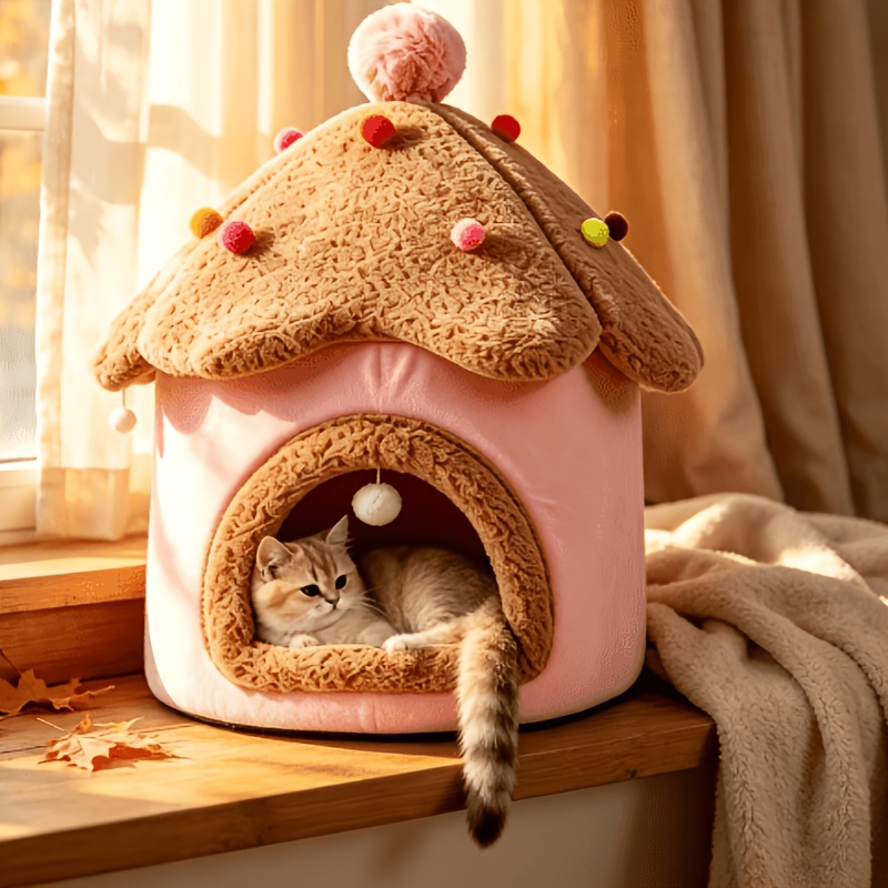 cute shaped house pet nest   enclosed cat villa cat hideaway shelter warm closed pet bed for winter suitable for cats small dogs Product details 2