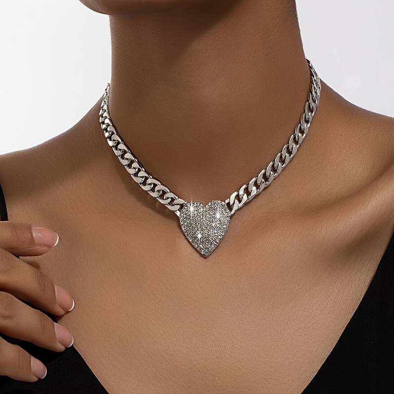 Heart Pendant Necklace with Rhinestones Chain for Women