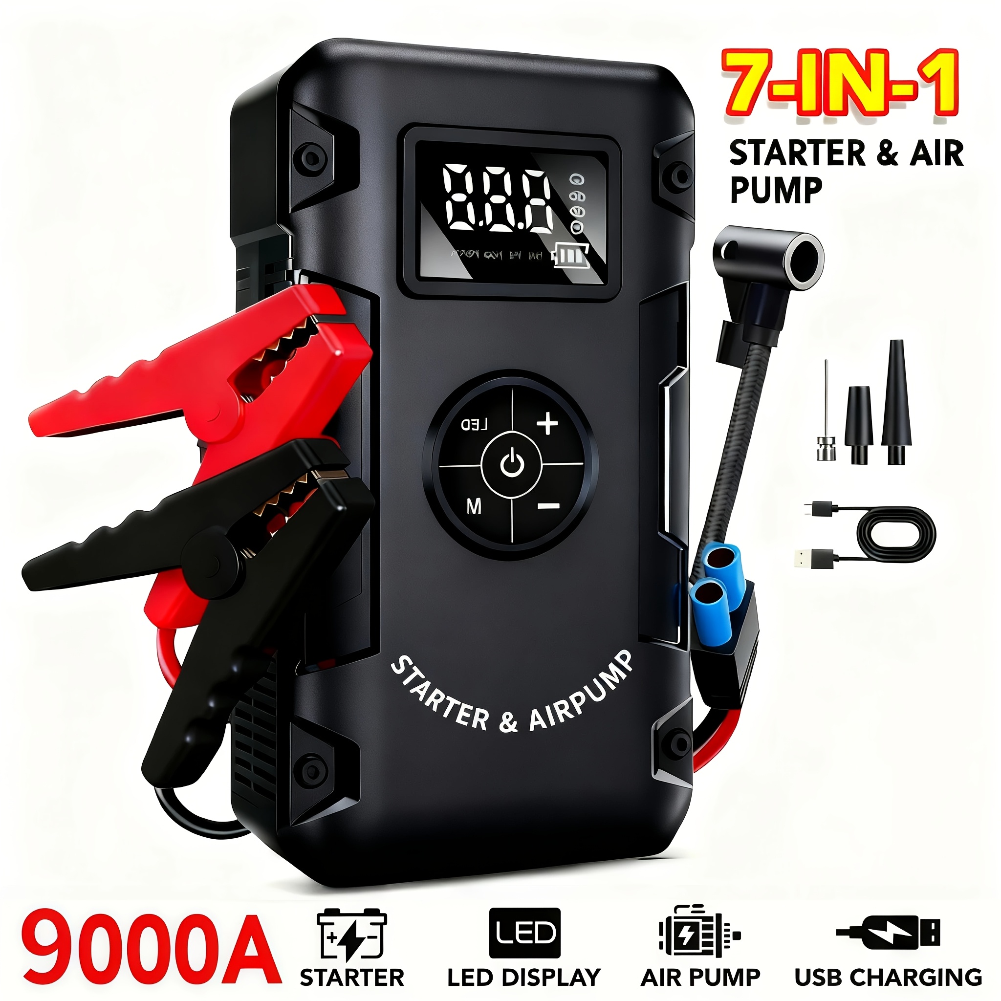 Arrancador de batería portátil inalámbrico 7 en 1 para coche con bomba de agua, alarma de aire, arrancador de batería, punto de acceso portátil, arrancador de batería de 12 V (8.0L Gas/1.72 Galones Diesel), entrada/salida USB, luz de emergencia LED, herramienta de accesorio para automóvil, aire y fuego portátil para coche, 9000A