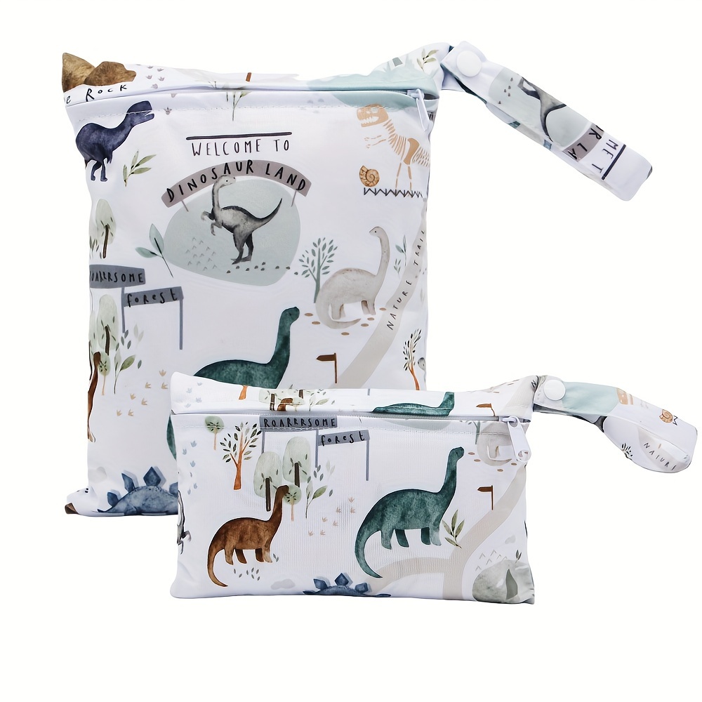 Image of Set Of 2 Dinosaur-themed Wet Bags Suitable For Beach Use, Designed For Cloth Diapers And Laundry. Large Pouches Can Serve As Makeup Bags, Stroller Organizers, Or Toy Storage