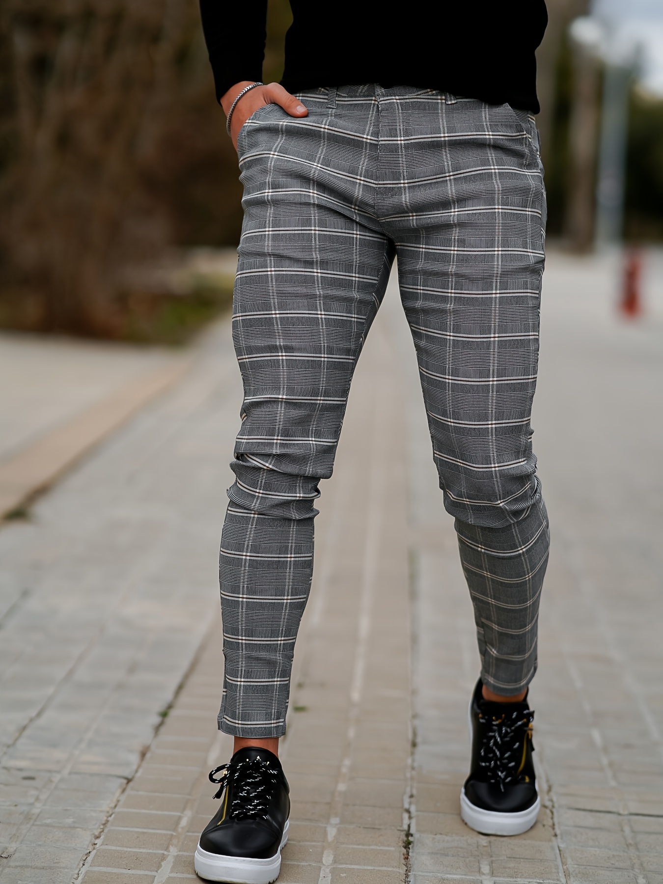 Men's grey checkered minimalist commuting versatile elastic suit formal pants