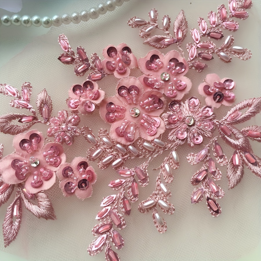 

Handmade Beaded Appliqué Patch Bright Pink Floral Lace Embellishment For Diy Bridal Gown And Clothing Decoration