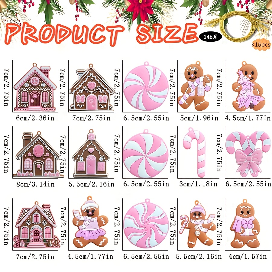TEMU 15pcs Set Of Creative Cute Pink Christmas Gingerbread Man Ornaments, Christmas Tree Pvc Soft Hanging Decorations, Holiday Party Supplies, With Strings