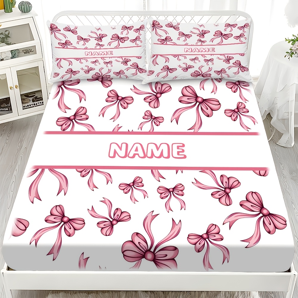 TEMU 3pcs Custom White Pink Bow Name Text Custom Print Fitted Sheet Three-piece Set 1 Fitted Sheet   2 Pillowcases Sweet Girly Bedding Skin-friendly