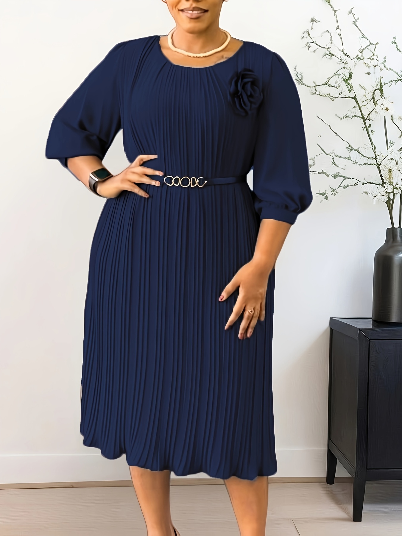 plus size three dimensional   technique waist cinching for a fit detachable floral   elegant midi length plus size womens dress with three quarter sleeves suitable for spring summer and autumn ideal for office commuting