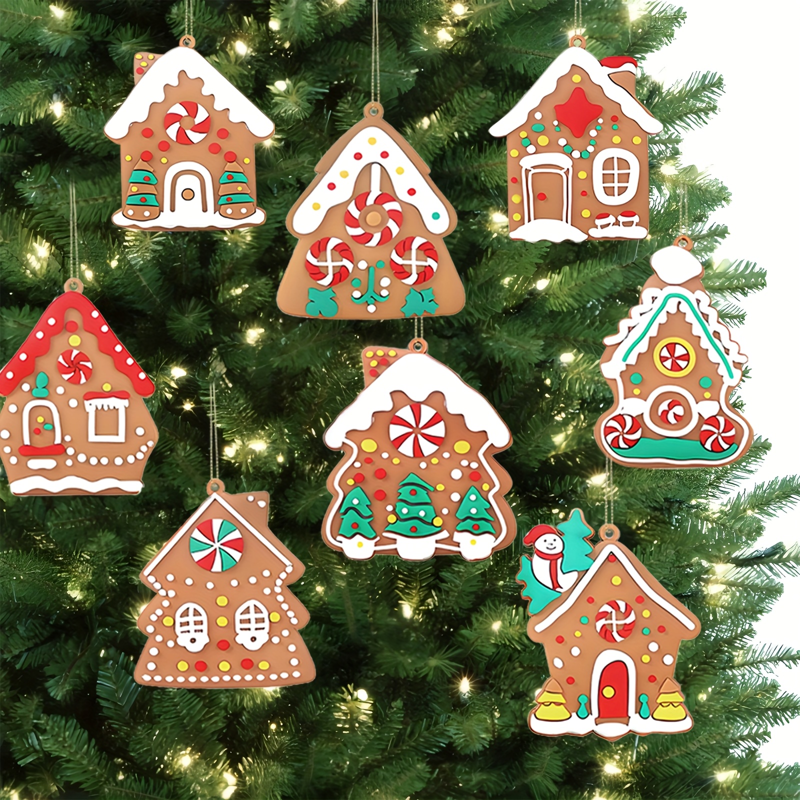 TEMU 8pcs Gingerbread House Wall Decorations Suitable For Christmas Tree Ornaments & Holiday Pendants, Artificial Gingerbread House Shapes With
