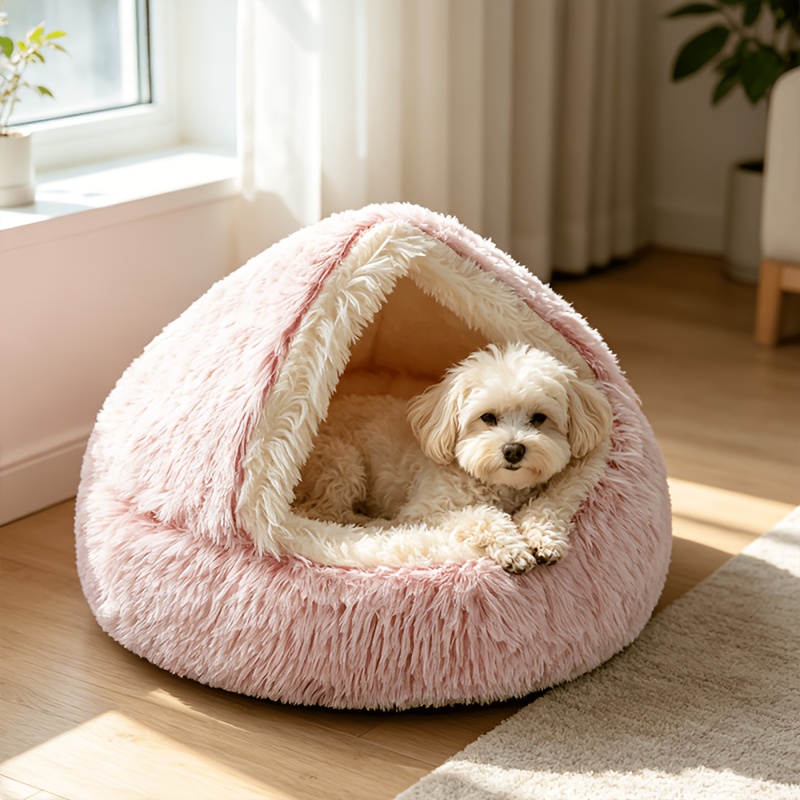TEMU 1pc 48cm Long Plush Hooded Cat Cave Bed, Convertible Donut Calming Pet Nest, Dog Hut, Washable Anti-slip Fluffy Pet Hideaway Tent Bed, Cozy