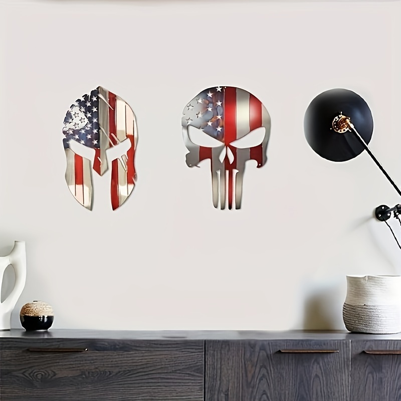

1pc Patriotic Metal Wall Decor With & Spartan Helmet Design, 8.6x12 Inches, Indoor/outdoor American Flag Art, Durable Metal