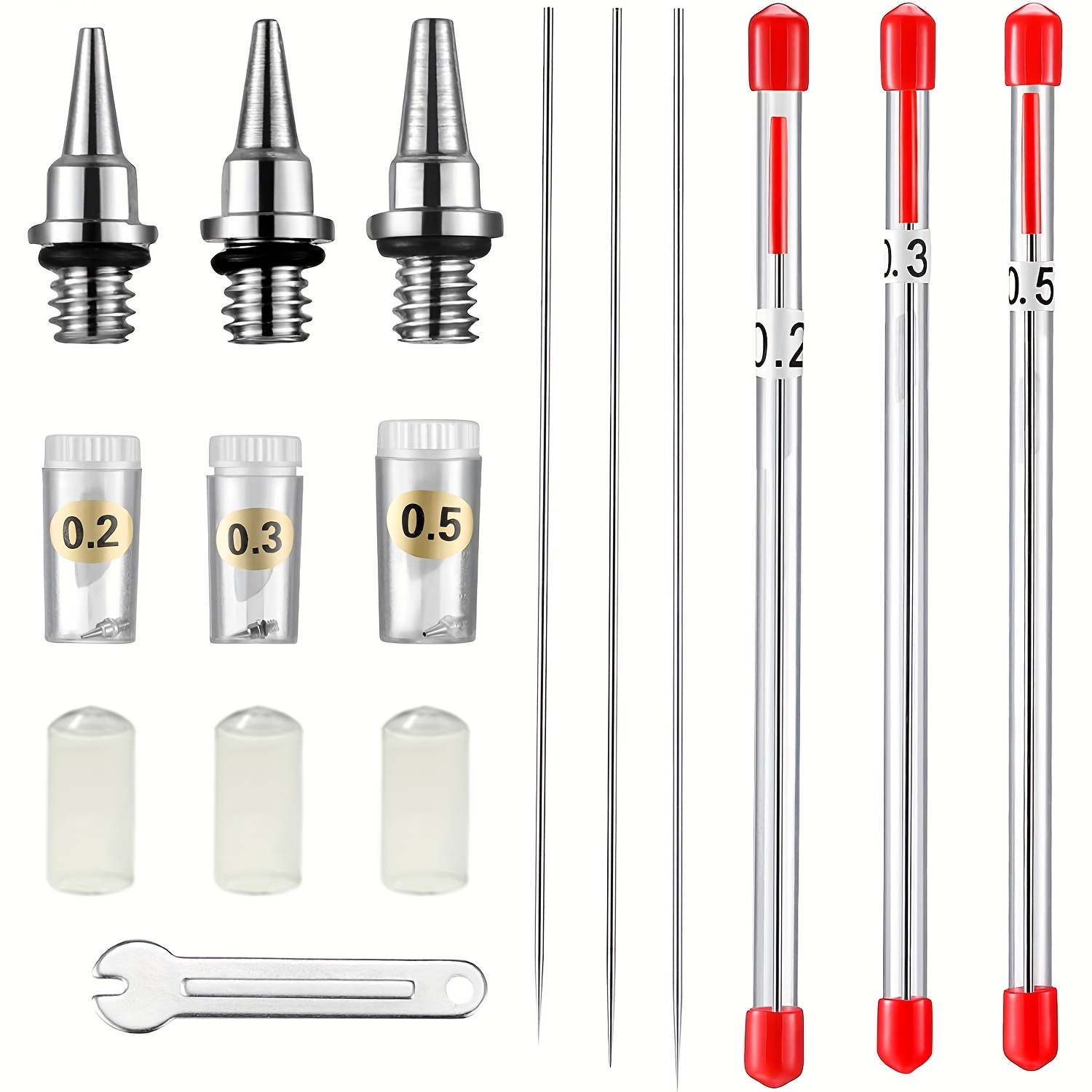 

10-piece Airbrush Replacement Kit With 0.2/0.3/0.5mm Nozzles, Needles & Protective Caps - Durable Metal Spray Gun Accessories