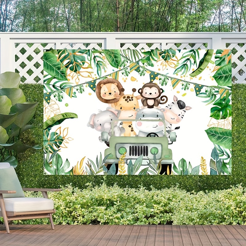 

1pc, Jungle Animals Background, Decoration For 1st Birthday Party, Green Wild 1 Polyester Backdrop