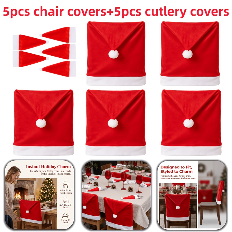 TEMU Lot de 10 housses de chaise de Noël, protège-couverts bonnet de Noël, housses de chaise de salle à manger et de canapé bonnet de Noël rouge,