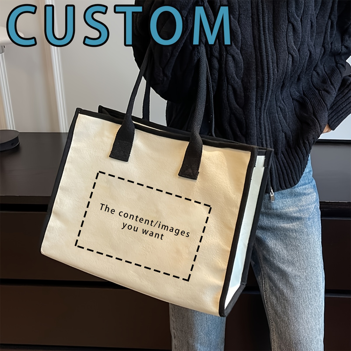 Customizable Women's Tote Bag Personalized Text Design, Durable White  Black Minimalist Shoulder Bag with Zipper Closure Fixed Straps for