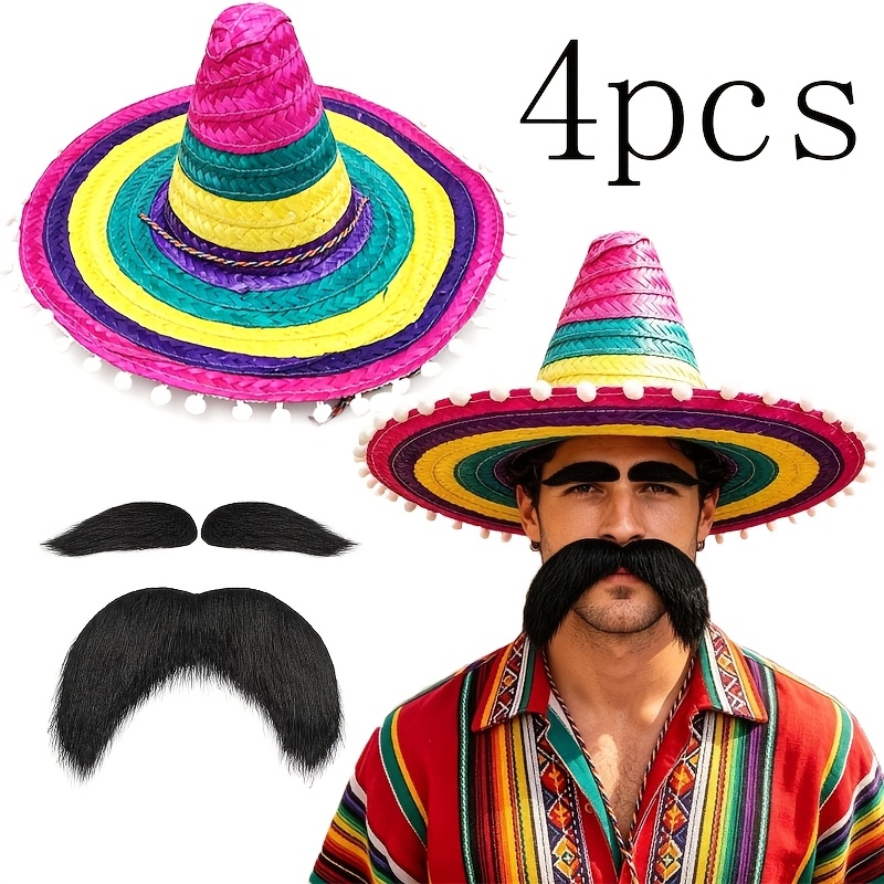 TEMU 4pcs Mexican-themed Colored Costume Accessory Set, Includes (hat, Mustache), Suitable For Music Festivals, Themed Parties, Cosplay, Masquerade