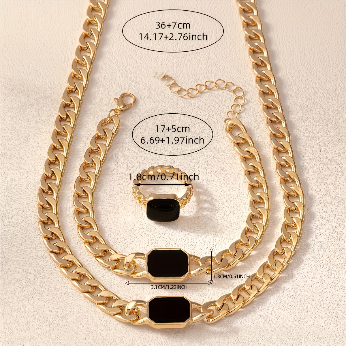 Image of Geometric Rectangle Fashion Thick Chain Rings, Necklace Bracelet Ring Set, Daily Wear, Party Banquet, Gift