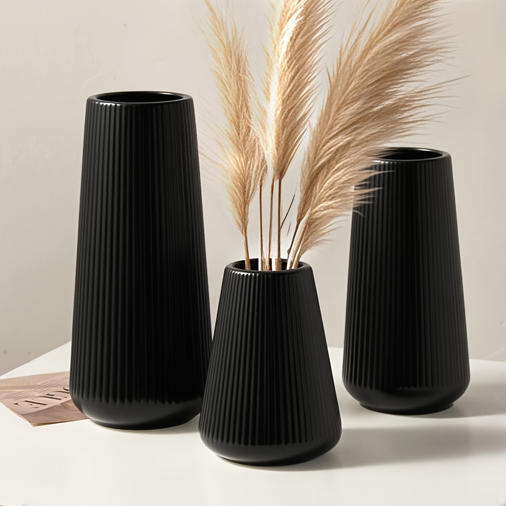 Image of 3pcs Scandinavian Textured Vase Set - Plastic Flower Vases For Dining Table, Black Decor Decorative Ornament, Minimalist Centerpiece For Faux (9.8/7.9/5.5in) Gift Idea