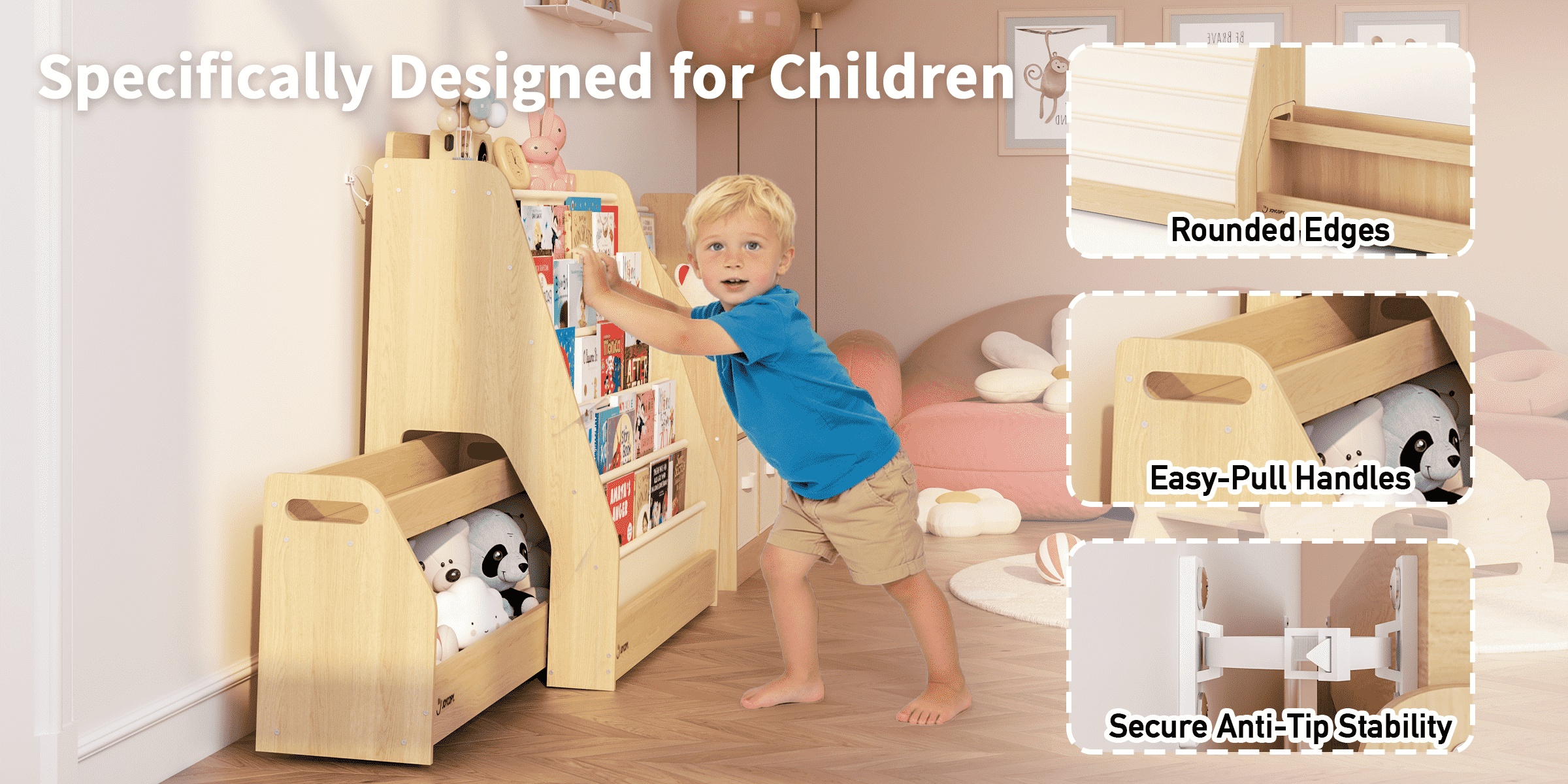 Triple Combination And Book Storage Organizer With Wheels - 5-tier Bookshelf + Mobile Storage Cart With Hidden Drawers, Space-saving Wooden Storage Cabinet, Suitable For Bedrooms, Playrooms, And Nurseries.