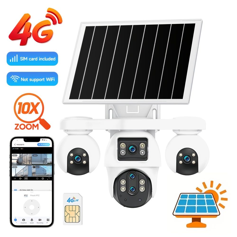 Image of 4g Solar Security Camera Outdoor Wireless No Wifi, 5-lens 10x Zoom 4 Separate , Built-in Sim Card Aov 24/7 Recording, Motion Tracking Night Vision, Voice, Supports Sd/cloud For Home