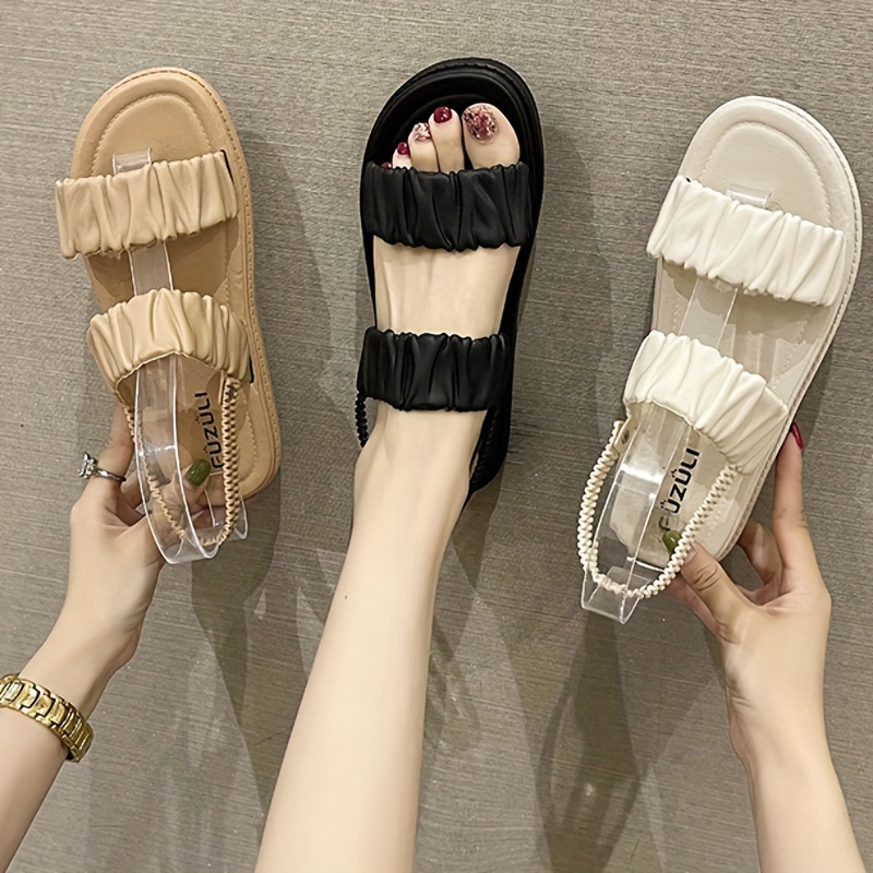 

Women's Ruched Flat Sandals, Fashionable Summer Elastic Strap Sandals, Comfortable Casual Outdoor Slip On Sandals