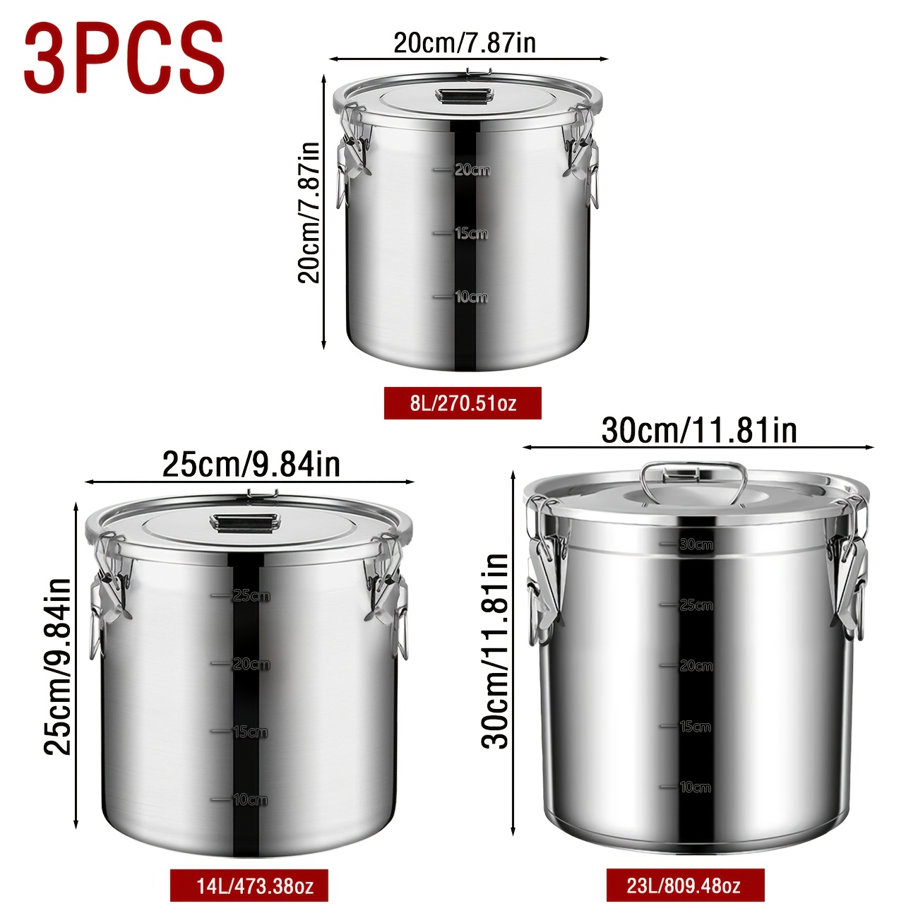 Image of 3pcs Stainless Steel Sealed Bucket, 8/14/23l Capacity, /store Stainless Steel Bucket, With Scale/double Handle/handle Lid, Used To Store Rice, Flour, Sugar , Coffee Beans And Other Foods