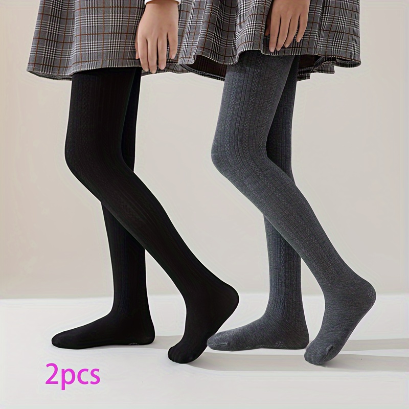 Image of 2pcs Girls' Tights, Children's Leggings, Cable Knit Vertical Stripe Slim-fit Footed Pantyhose, Fashionable Medium-thick,fall And Winter Clothes