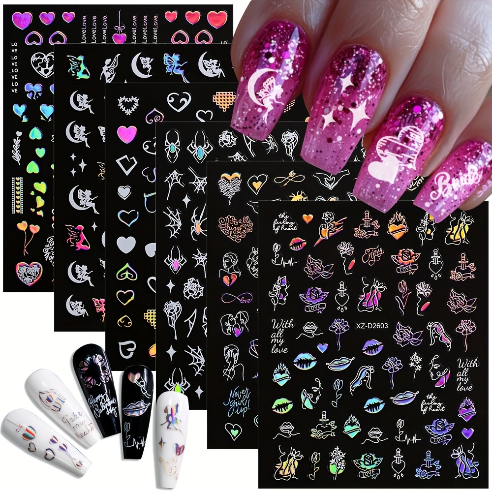 

12pcs Holographic Love Nail Stickers Set - 3d Self-adhesive Glitter Heart, Rose & Lips Decals For Couples - Romantic Plastic Nail Art Decorations For Diy Manicure, Shimmery , Single Use