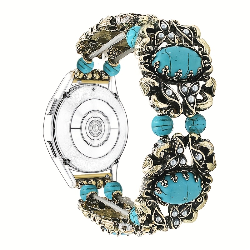 TEMU 1pc Bracelet élastique vintage turquoise incrusté de perles en alliage de , bracelet de montre, style cour, motif nuage creux en métal, convient